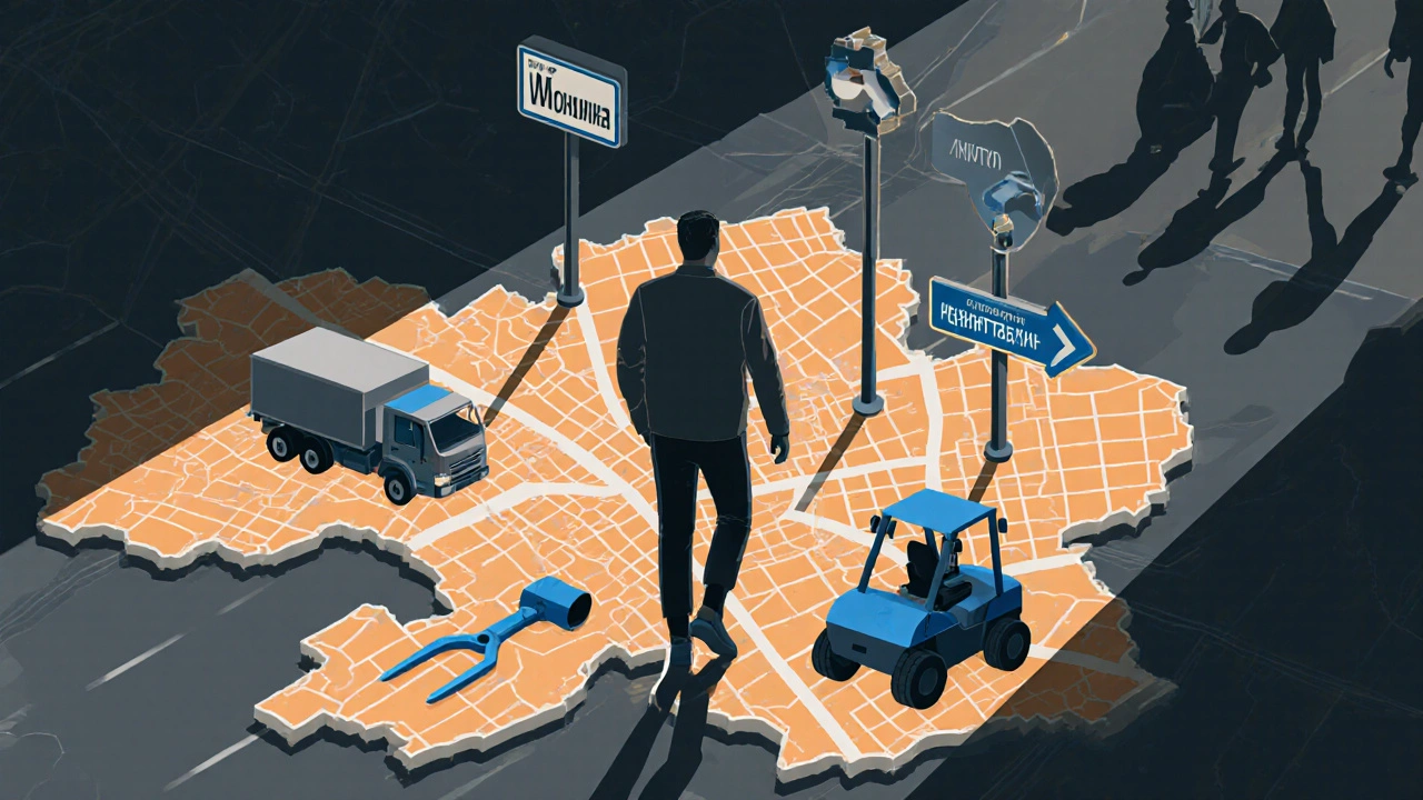 Чоловік йде промисловою зоною Києва, де позначені вакансії для робітників без вищої освіти