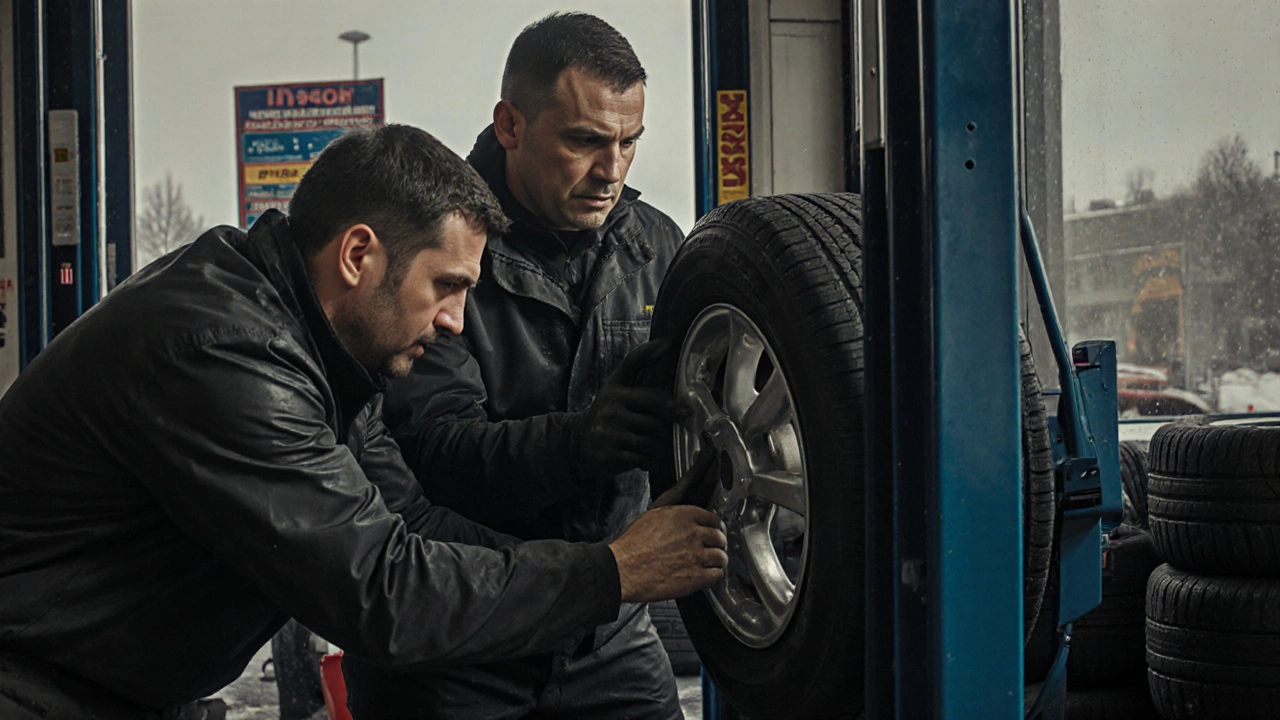 Два механіки працюють разом, міняючи шини на автомобілях у сервісному центрі.