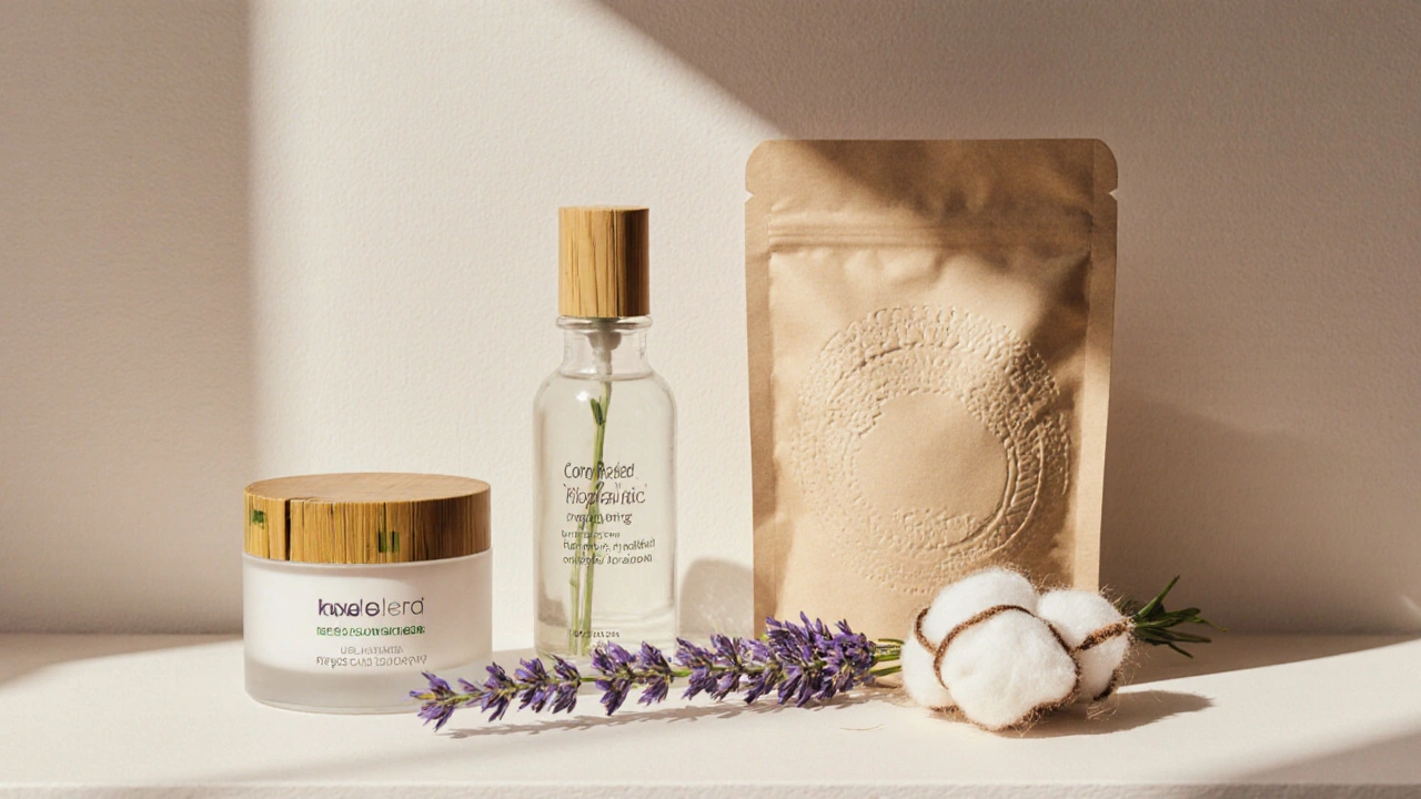 Екологічна упаковка для косметики з бамбука, біопластику та паперу на поличці з сушеними квітами.