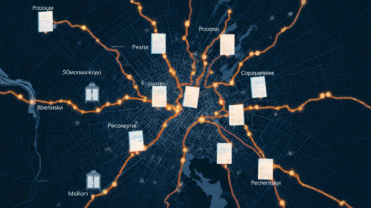 Карта Києва зі світлими маршрутами розклейки оголошень по районах міста.