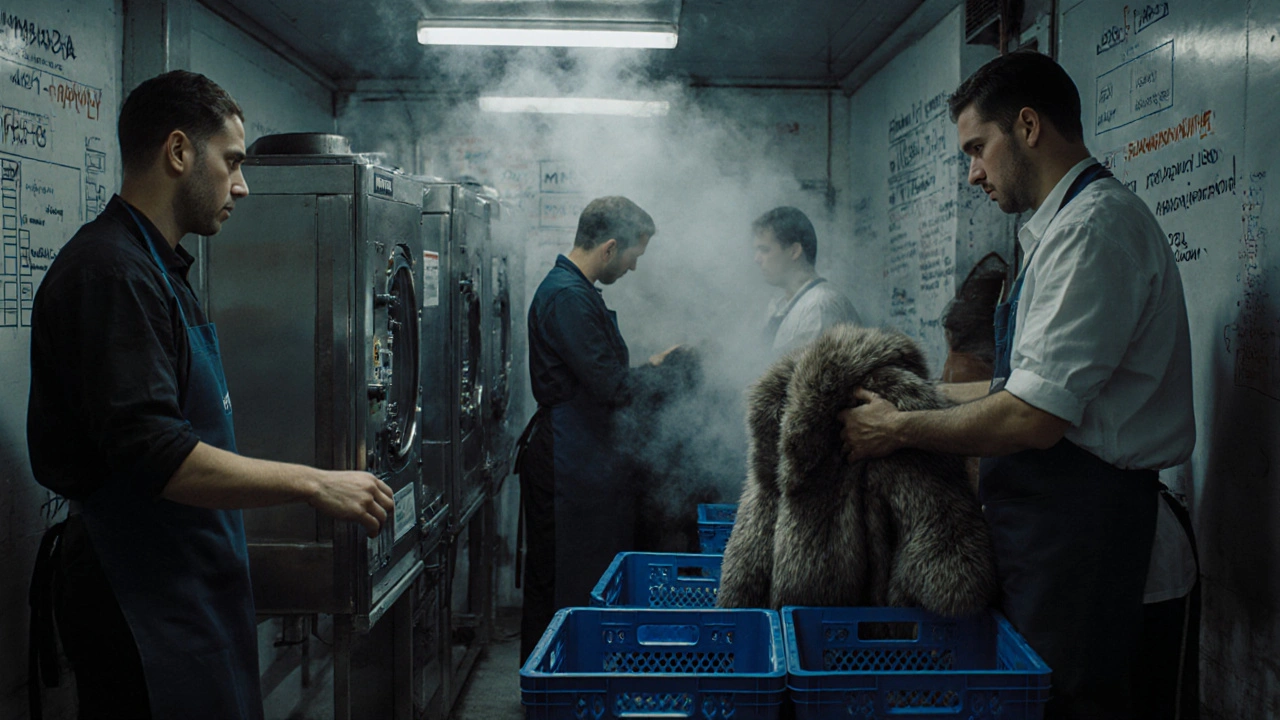 Команда працівників працює з промисловими машинами для чистки одягу в Києві.