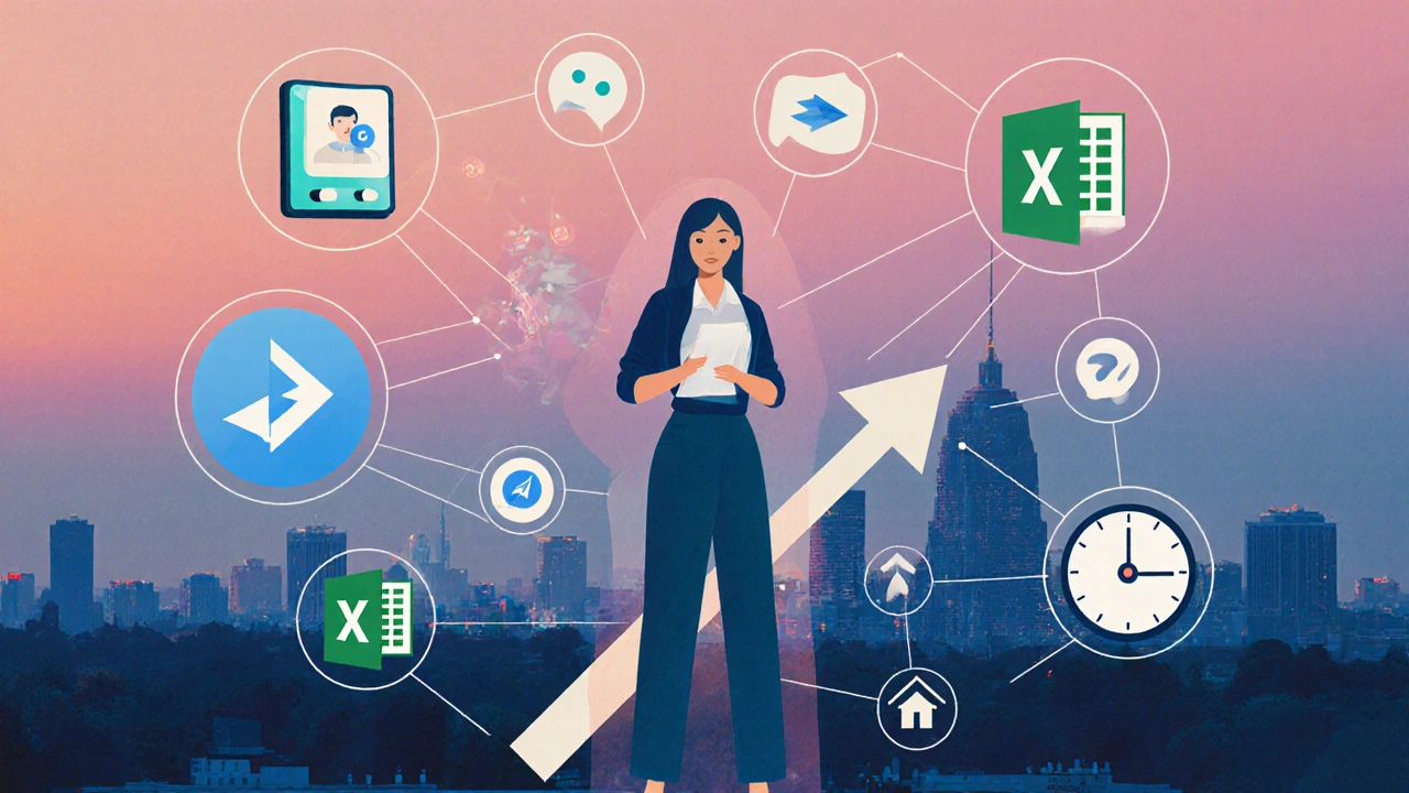 Концептуальна ілюстрація адміністраторки в центрі мережі професійних завдань і зростання.