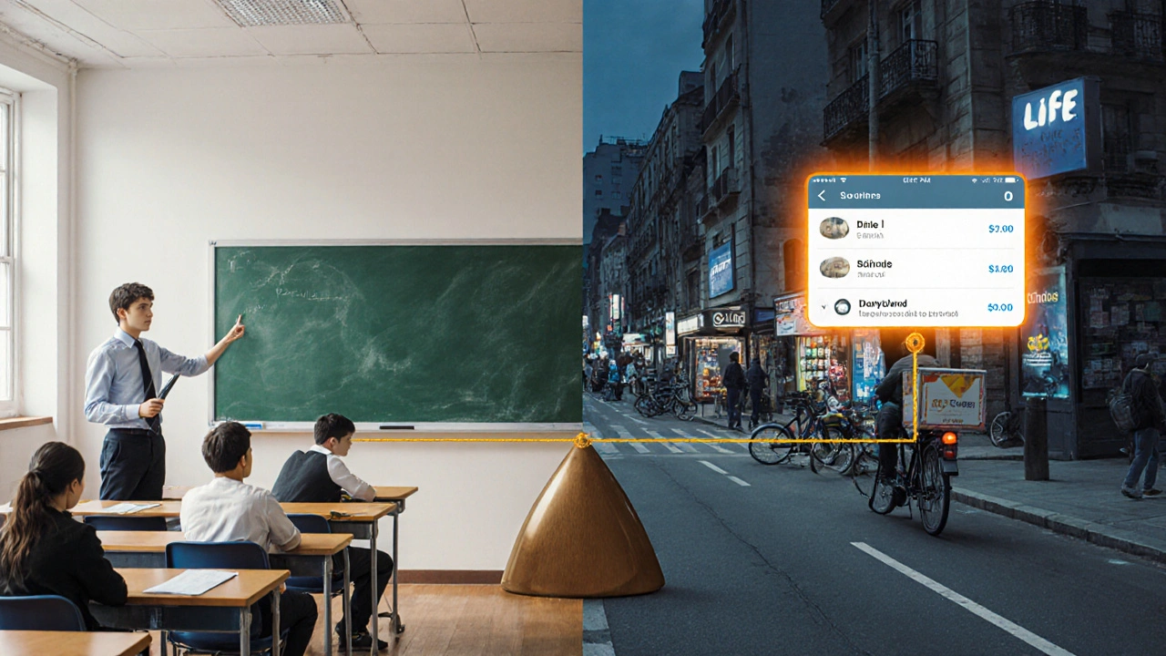 Концептуальна сцена: студент балансує між навчанням і роботою, зображено через дві сторони однієї композиції.