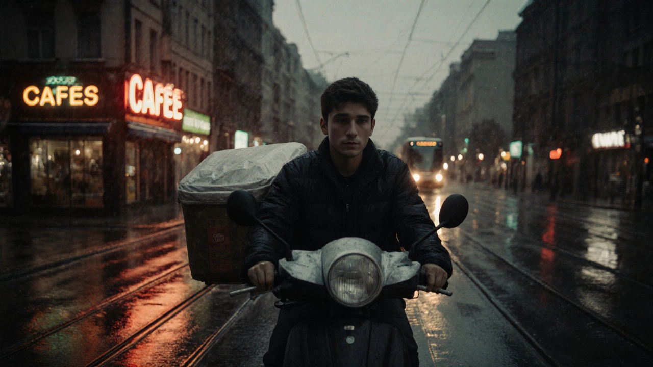 Кур’єр на мопеді доставляє їжу ввечері в Теремках.