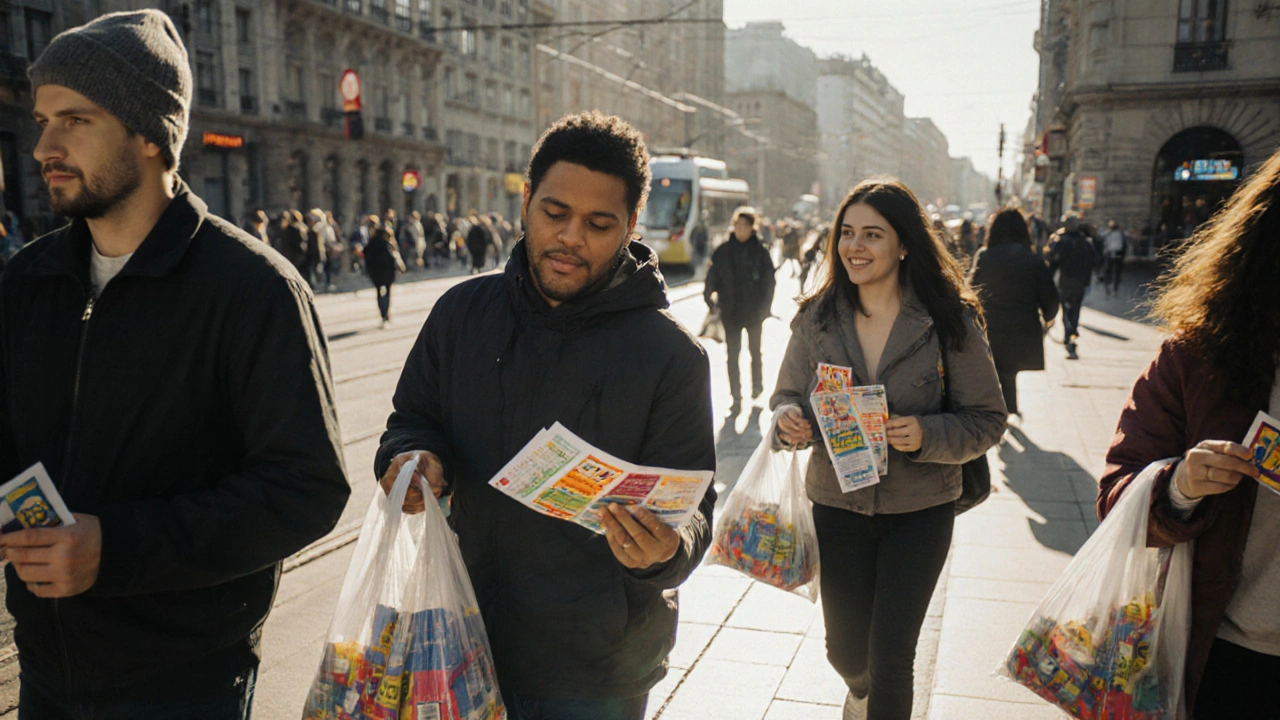 Люди роздають листівки біля станції метро в Києві під сонячним небом