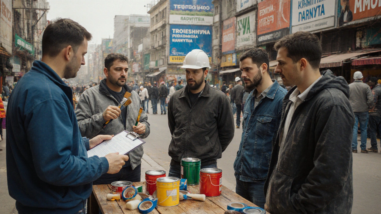 Маляри розмовляють з роботодавцем на будівельному ринку в Києві, інструменти на столі.