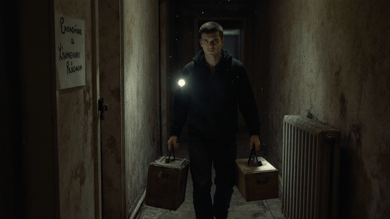 Молодий підсобник несе інструменти в старому будинку в Києві, освітлений ліхтариком у темному коридорі.