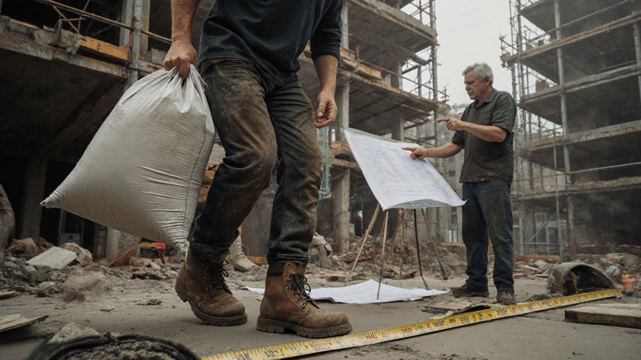 Молодий підсобник несе мішок цементу, а майстер показує йому схему на будівельному майданчику.