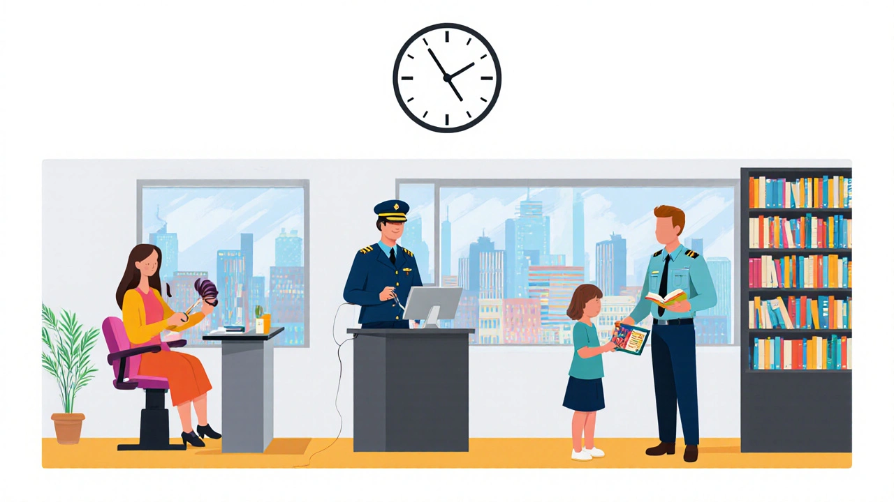 Різні працівники Києва на неповний робочий день: у салоні, на охороні, у бібліотеці.