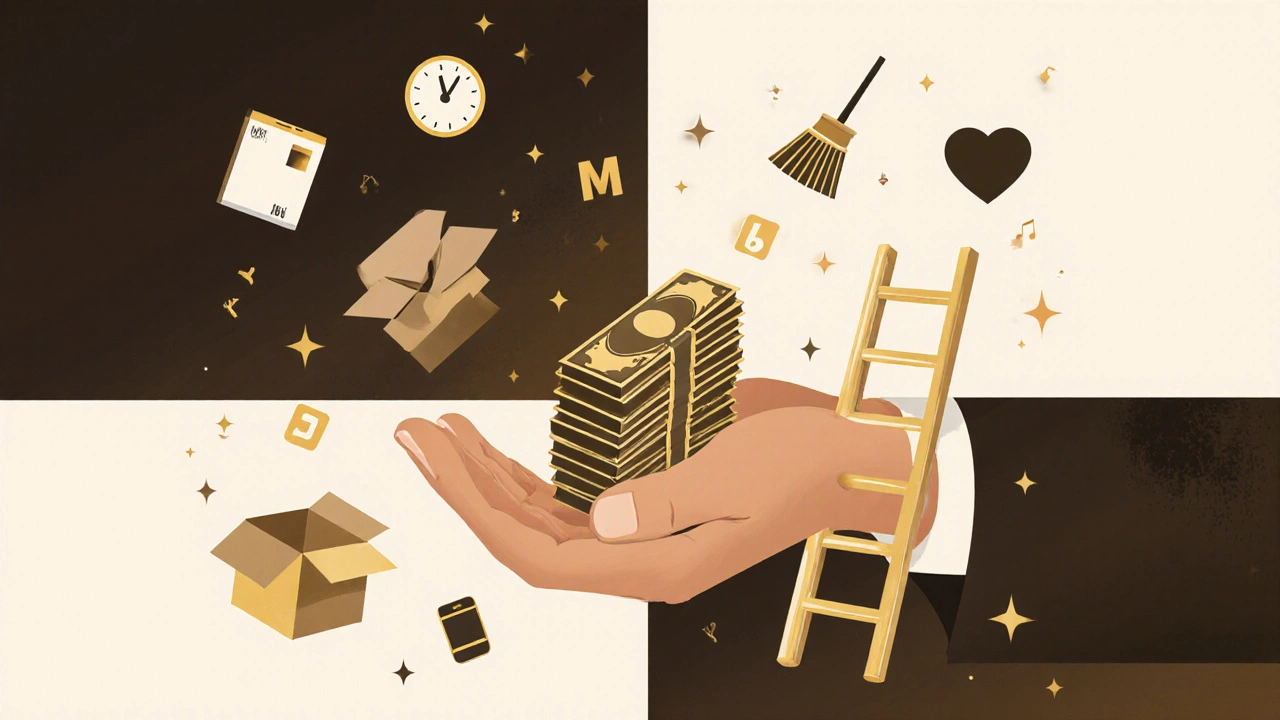 Рука тримає готівку, навколо — символи одноразової роботи: мітла, коробка, годинник