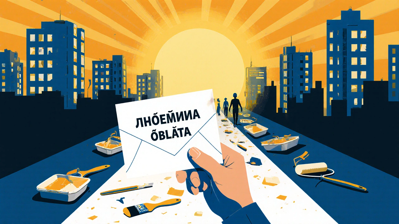 Рука тримає готівку з написом 'щоденна оплата', інструменти ведуть до сонця над Києвом.