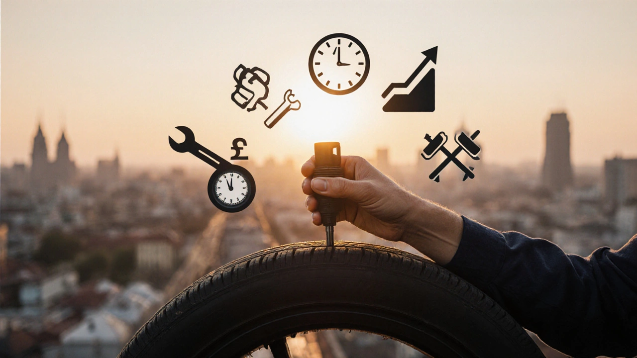 Рука тримає клапан шини, навколо — символи зарплати, робочого графіку та росту.