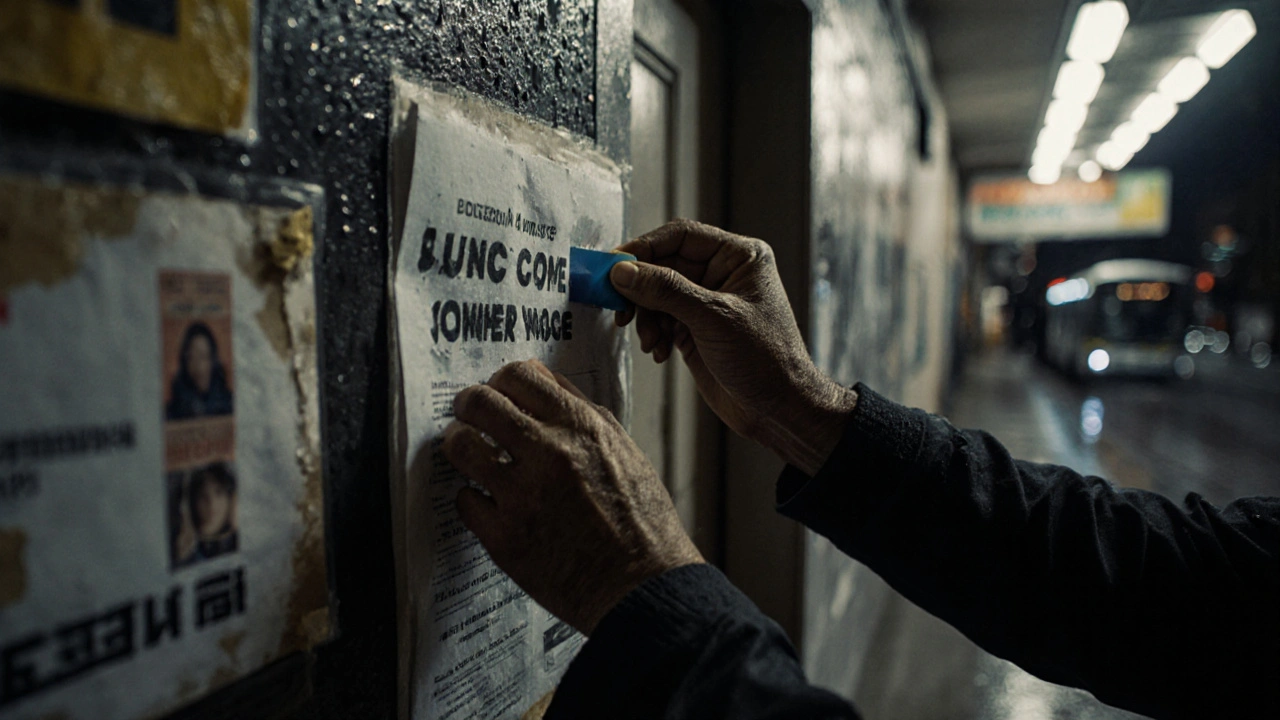 Руки приклеюють паперове оголошення до входу в багатоповерхівку під мокрим дощем.