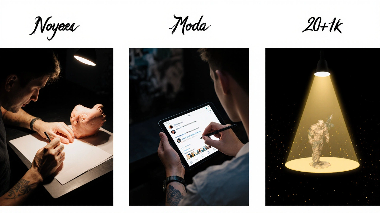 Символічна сцена розвитку тату-майстра: від новачка до професіонала, показана у трьох етапах без тексту.