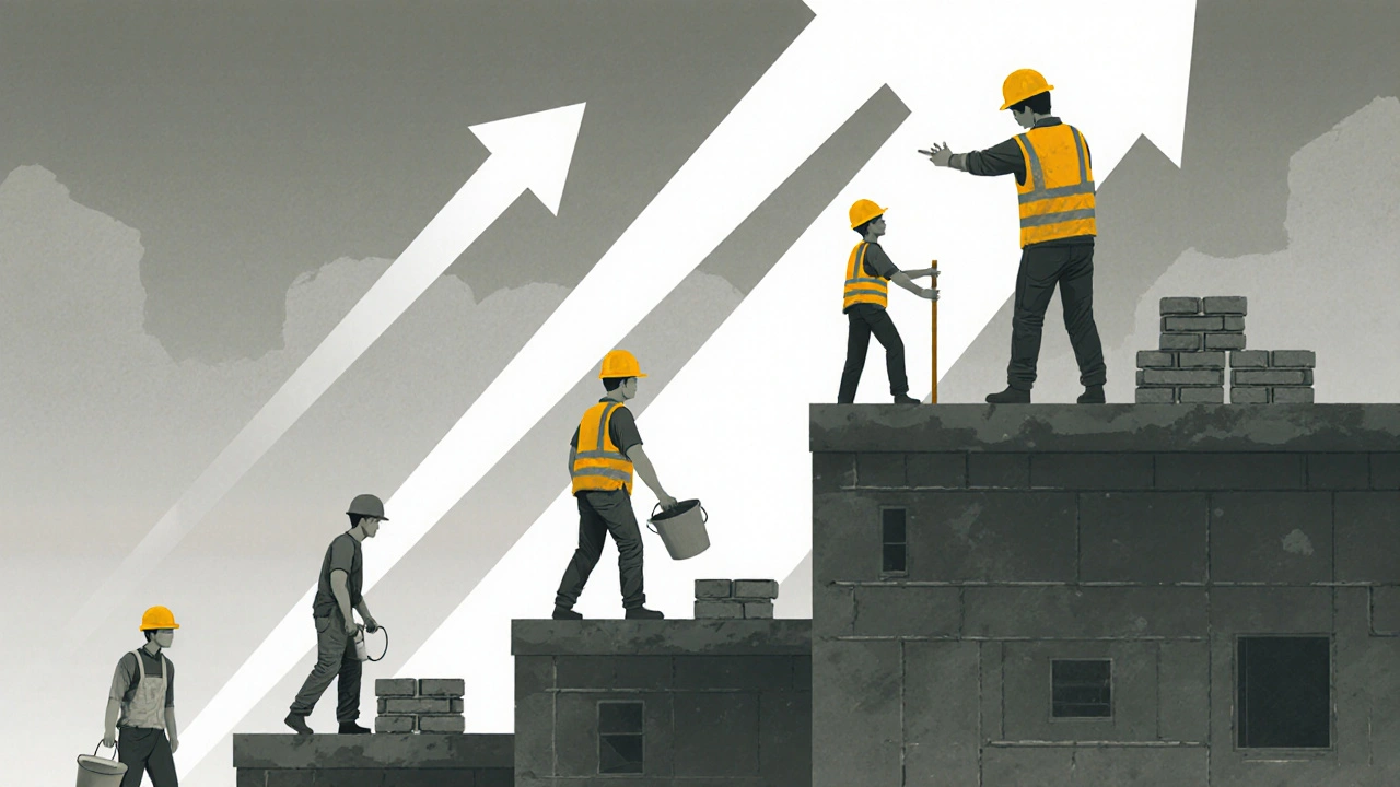 Шлях росту будівельника: від новачка до бригадира на тлі збудованого будинку.