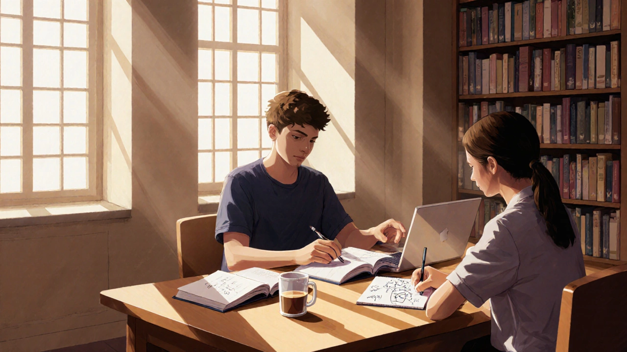 Студент пояснює математику молодшому учню в бібліотеці, навколо — книги і світло з вікна.