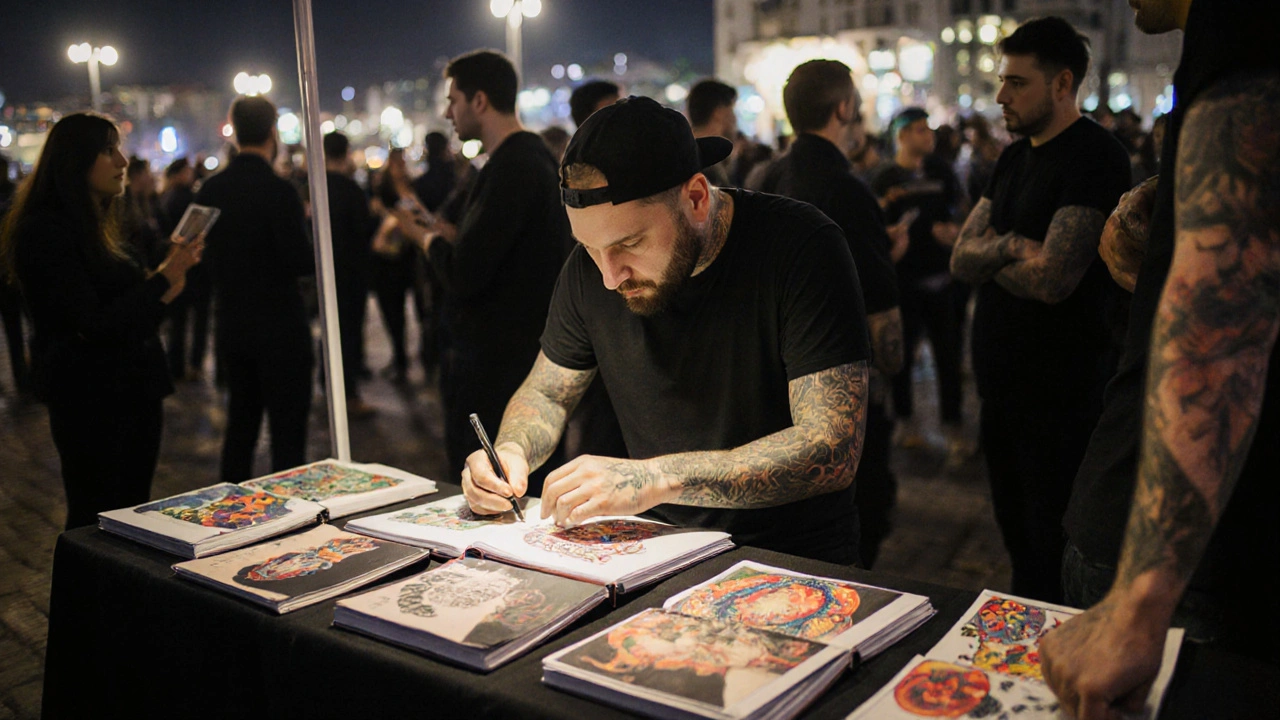 Тату-майстер на фестивалі в Києві представляє свої роботи, оточений шанувальниками та іншими майстрами.