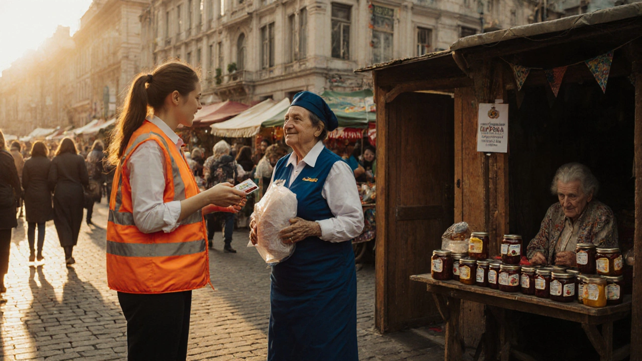 Три жінки в різних професіях: промоутерка, прибиральниця та продавчиня домашніх заготовок на ринку.