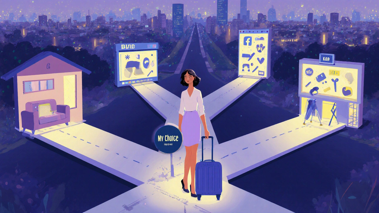 Жінка на розі в Києві, перед нею чотири світлі шляхи — робота вдома, онлайн, у салоні та на складі.