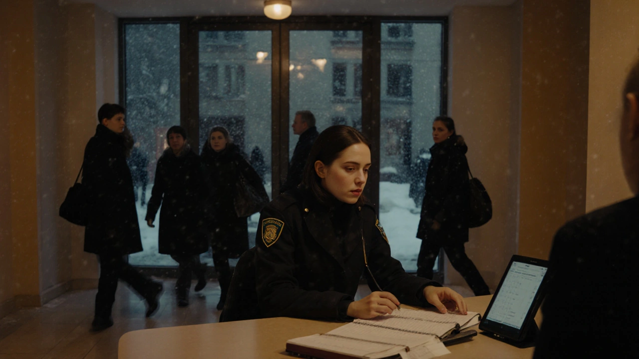 Жінка-охоронець реєструє відвідувачів у житловому комплексі Києва ввечері.