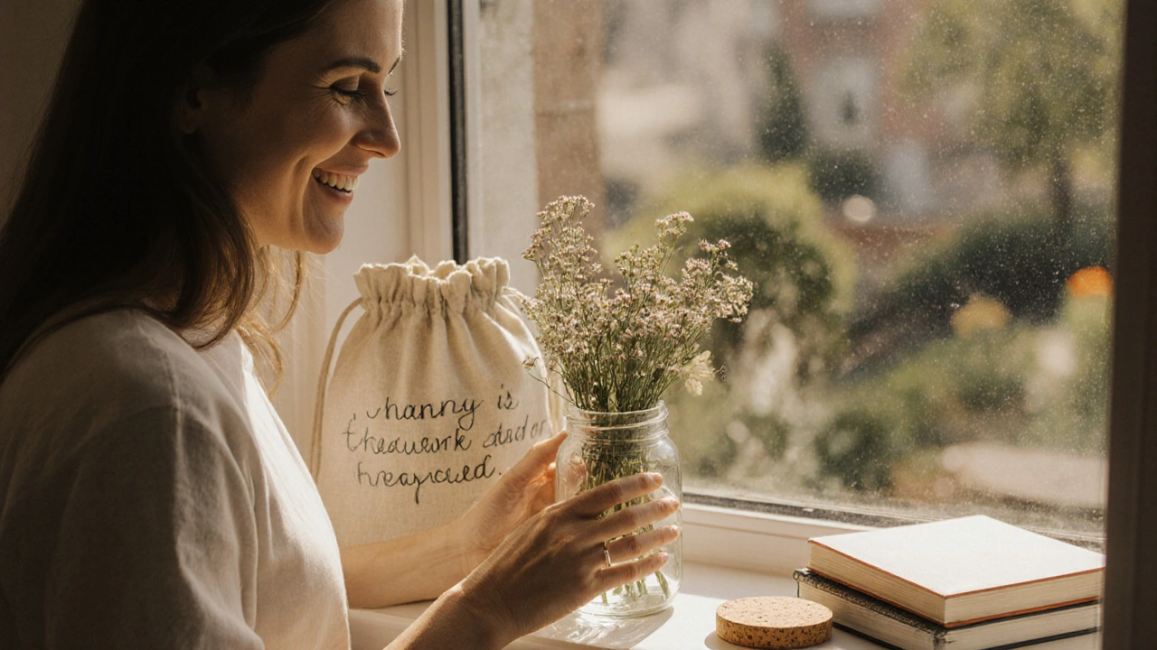 Жінка використовує порожню склянку як вазу з дикими квітами на віконному підвіконні.