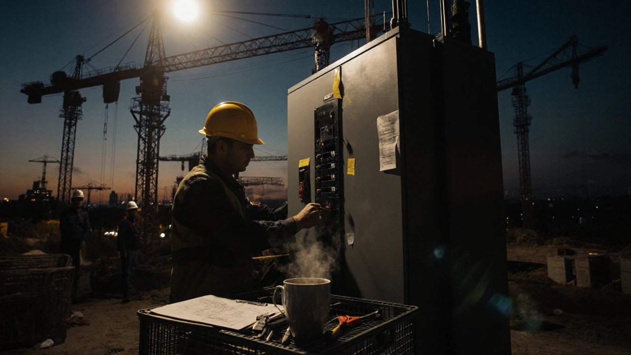 Електромонтажник працює над розподільчим щитом на будівельному майданчику вночі.
