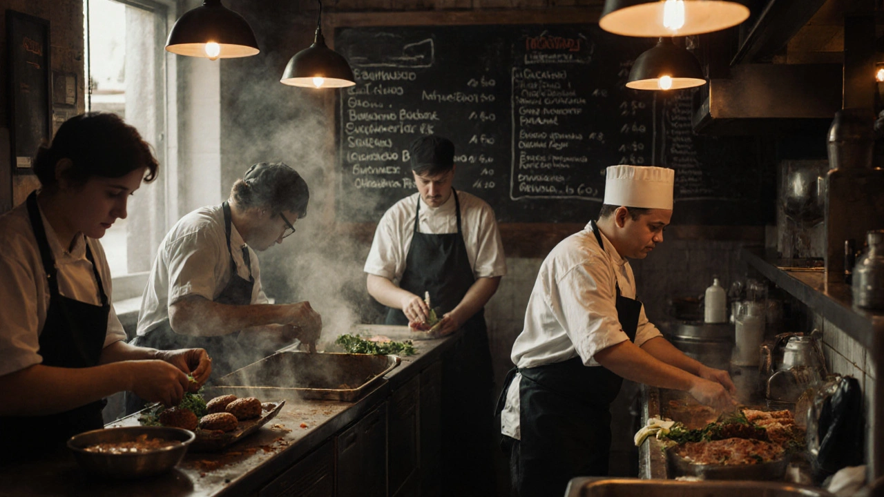 Група кухарів працює в малих кафе Києва під час ранкового піку, всі зосереджені на своїх завданнях.