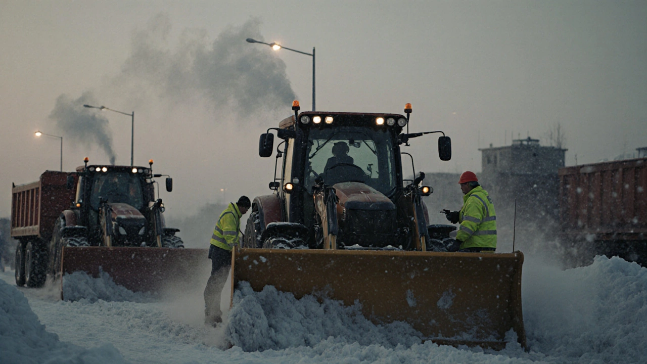 Група трактористів прибирає сніг у зимовому Києві, техніка з лезами, дим з моторів, сірі небеса, ранкове освітлення.