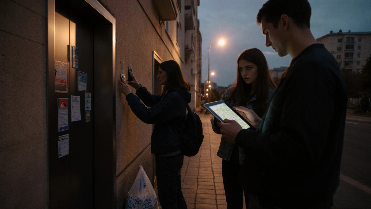 Група з трьох осіб працює над поклейкою стикерів на двері ліфту вночі, один робить фото, інший перевіряє карту.