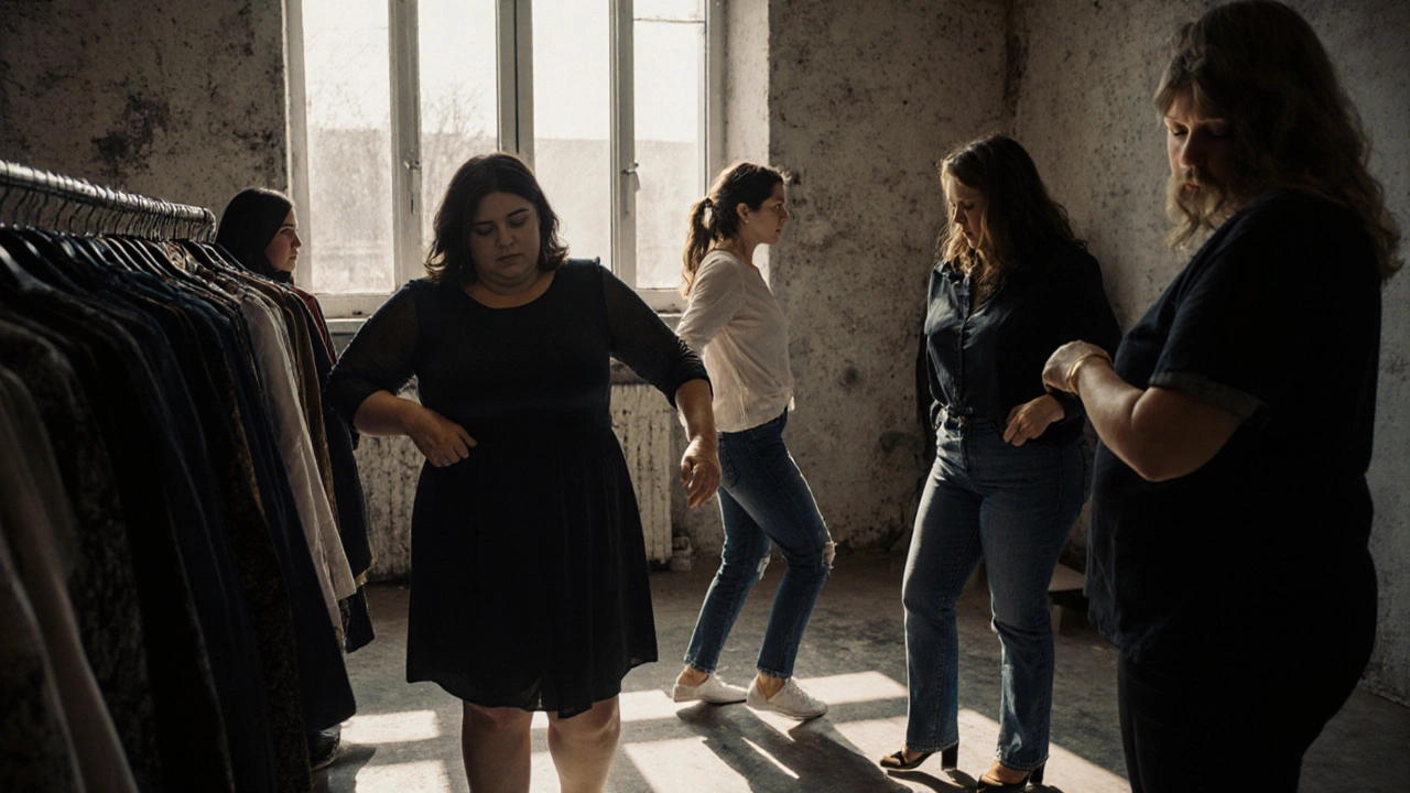 Група жінок різних розмірів швидко змінюють одяг у складі для фотосесії.