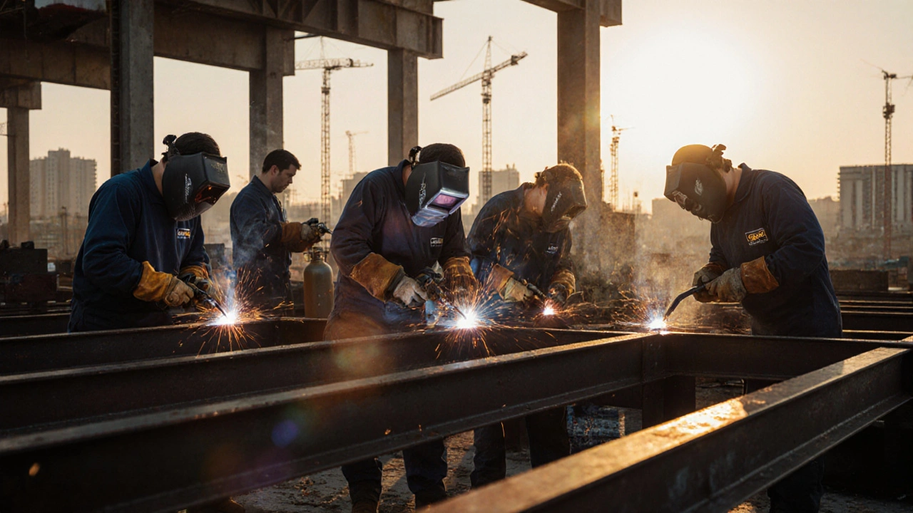 Група зварювальників — чоловіків і жінок — зварюють балки на будівельному майданчику в промзоні Києва.