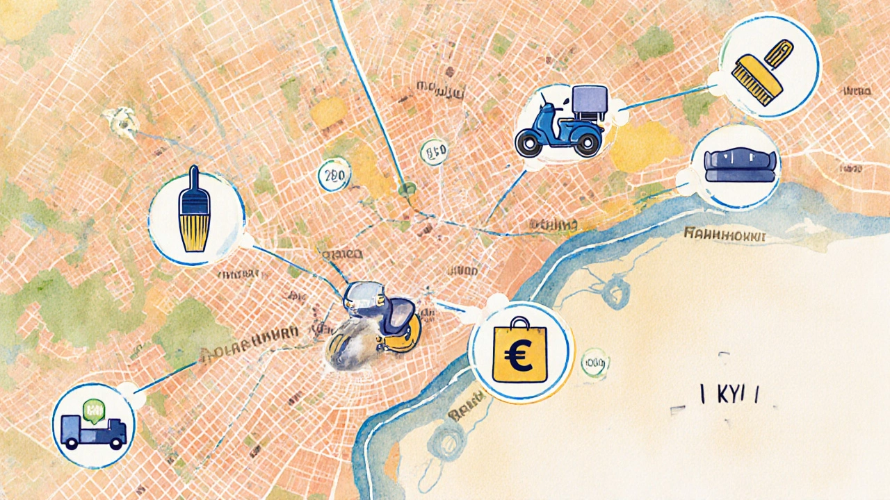 Карта Правобережжя Києва з іконами робіт та денними зарплатами у візуальній формі.