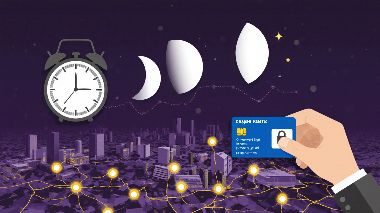 Концептуальна ілюстрація: годинник, місячні фази та пропуск над картою Києва, символізує графік 'сутки троє'.