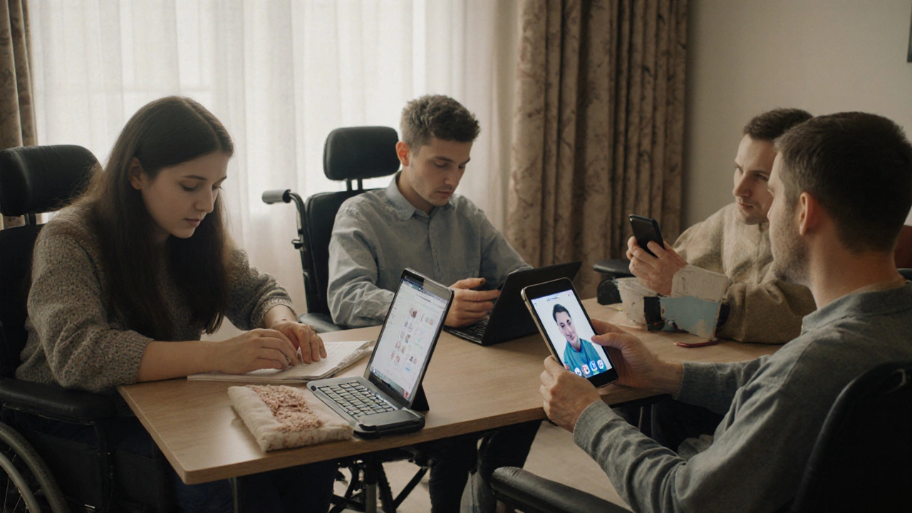 Люди з інвалідністю в Києві працюють з домашніх пристроїв: смартфонів, планшетів, у різних домашніх умовах.