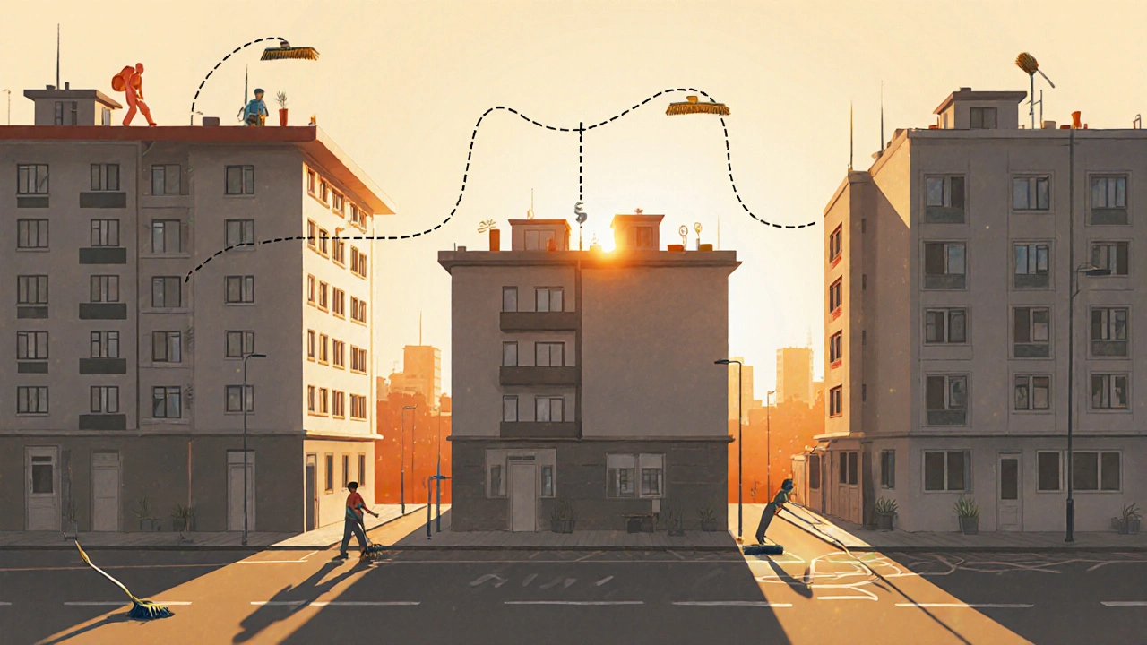 Маршрут прибиральника у Києві: три об’єкти — будинок, дитячий садок і офісний комплекс — з’єднані лінією на схемі.