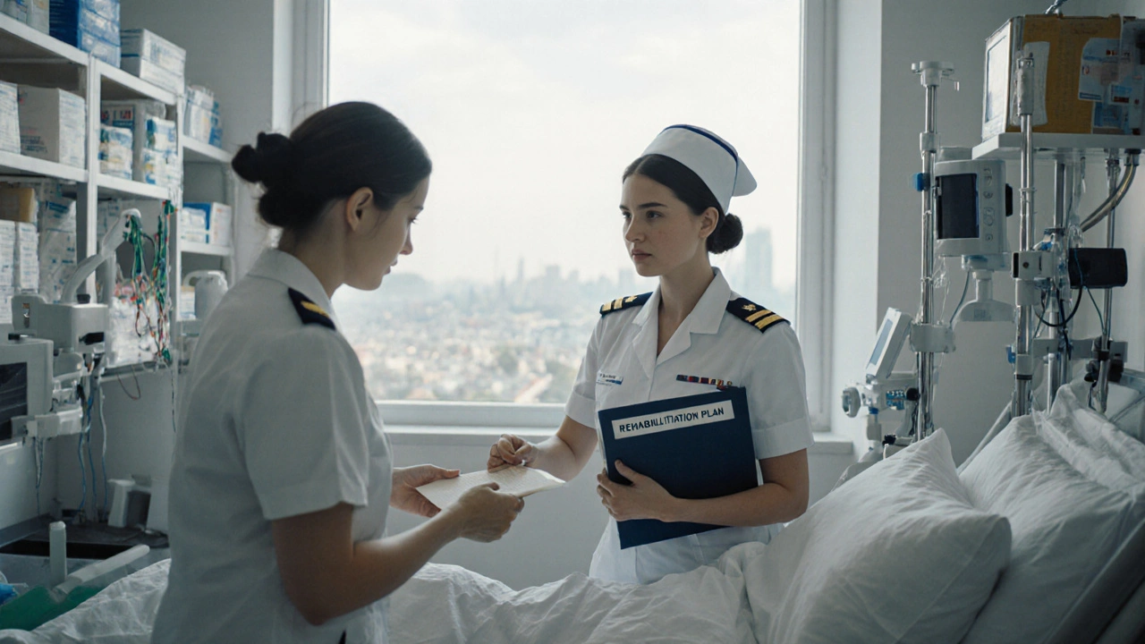 Медсестра в військовому госпіталі в Києві перевіряє стан пацієнта, оточена медичним обладнанням.