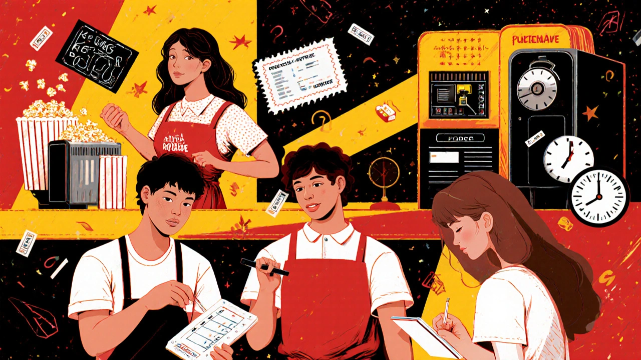 Молоді працівники кінотеатру: касир, бармен, промоутер і технік працюють разом.