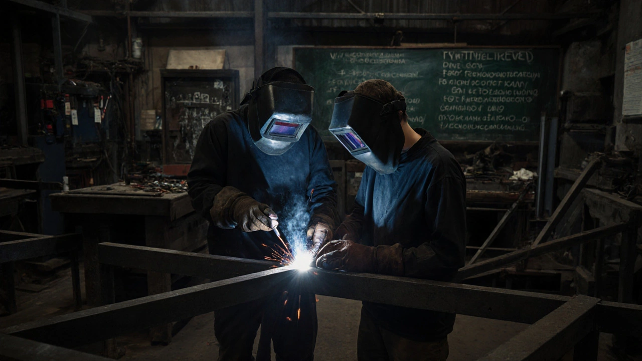 Молодий підсобник допомагає майстру-сварщику у промисловій майстерні з інструментами та кресленнями.