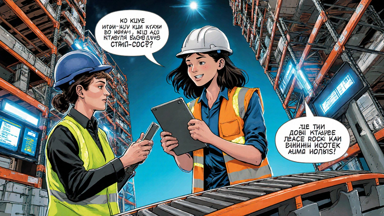 Молодша жінка отримує планшет і жилет на першому дні роботи на складі в Києві, навчання від наставника.