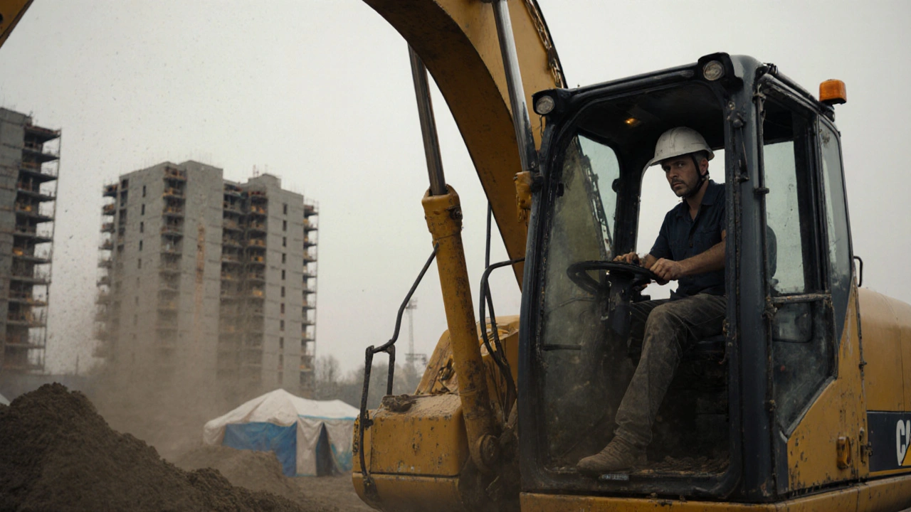 Оператор екскаватора на будівельній майданчику в Дарницькому районі з будівлями на тлі.