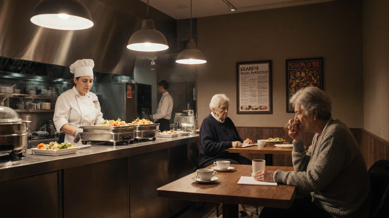 Персонал університетської столової: поварка сервірує їжу, студенти сидять за столами.