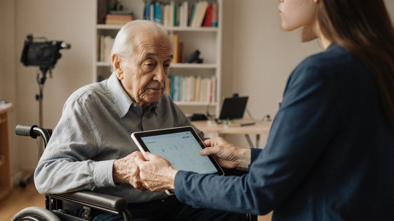 Похила особа отримує безкоштовний планшет від працівника центру реабілітації в Києві.