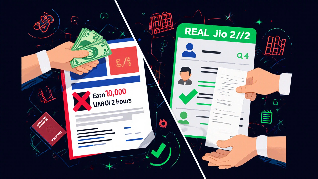 Порівняння: шахрайська вакансія зі знаком 'Х' і реальна зі знаком '✓', з паспортом і розпискою.