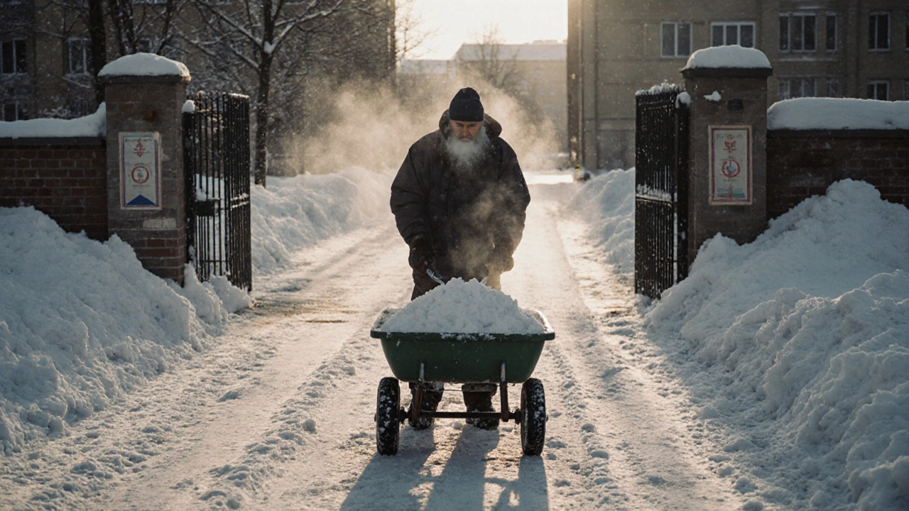 Працівник вивозить сніг біля дитячого садка у зимовий ранок у Києві.