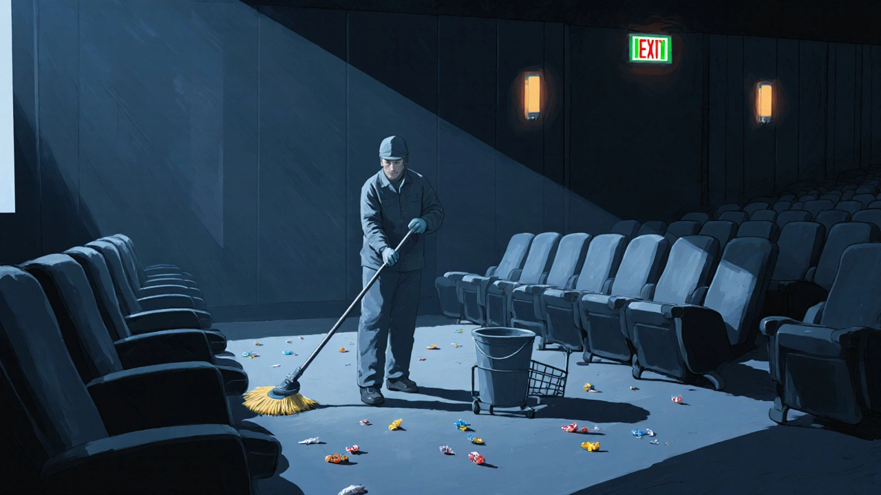 Прибиральник прибирає кінозал після нічного сеансу в темноті.