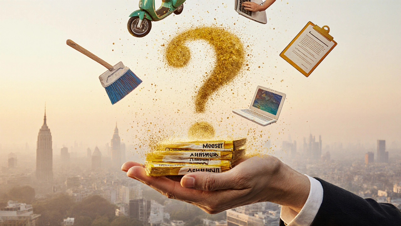 Рука піднімає готівку з символами робіт у Києві, що розчиняються у золотому пилу.