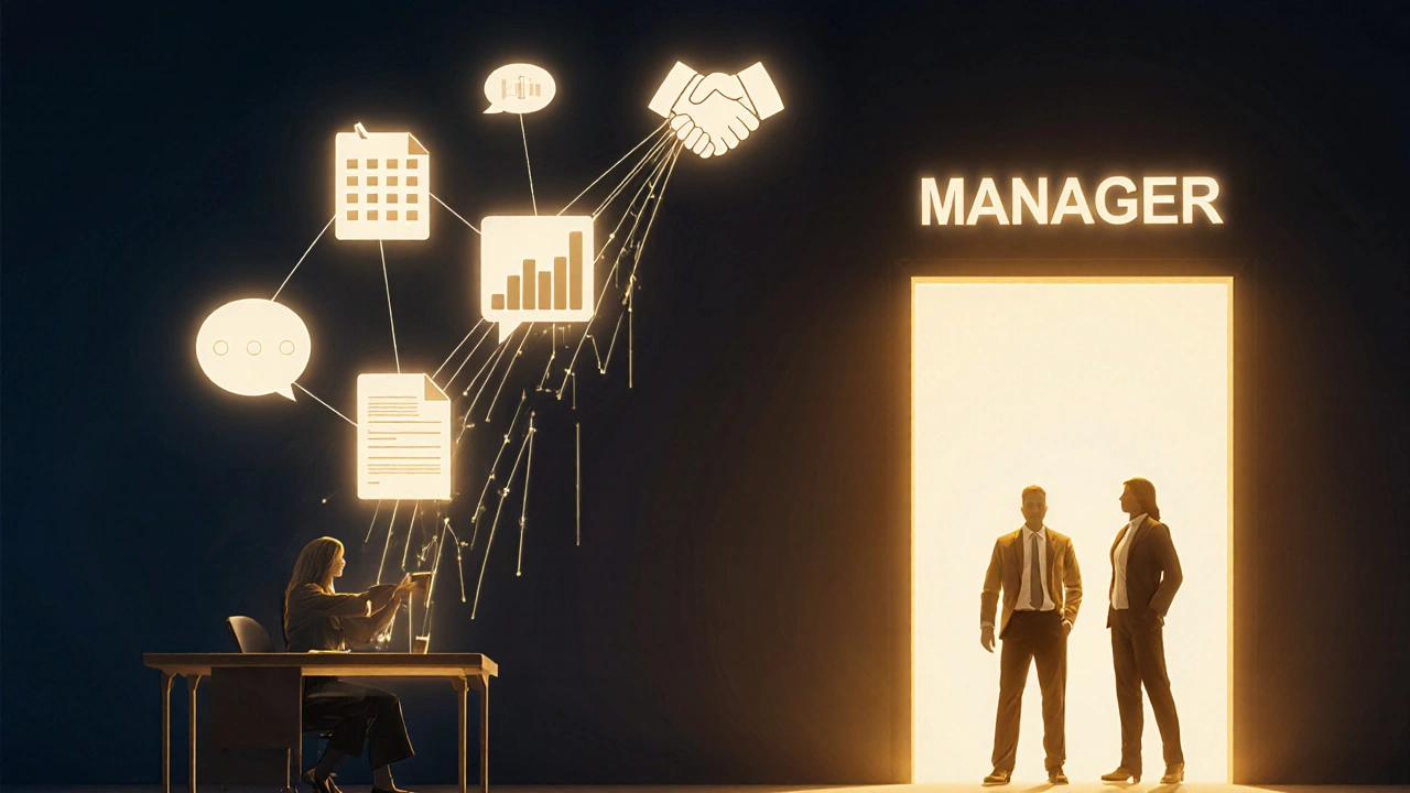 Схематична доріжка з іконами веде від стола до дверей з написом 'Менеджер', символізує кар'єрний ріст.