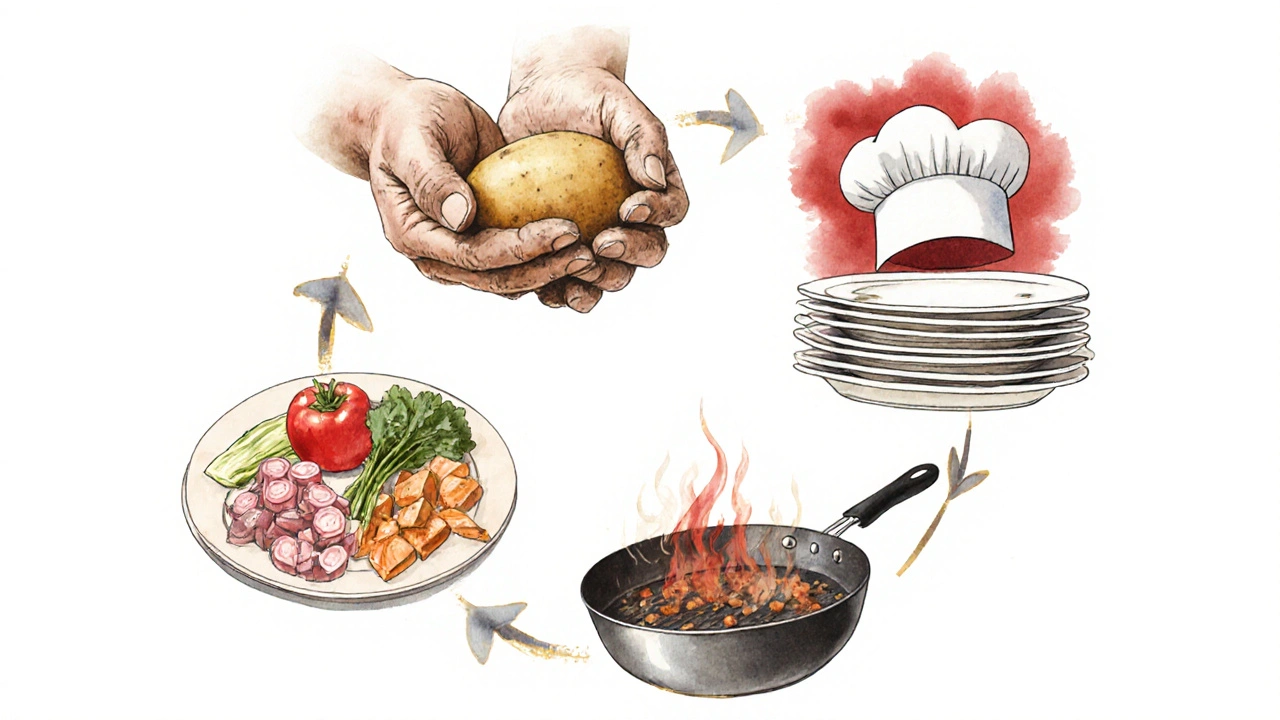 Символічна ілюстрація шляху від початківця до професіонала на кухні: від картоплі до кухарської шапки.