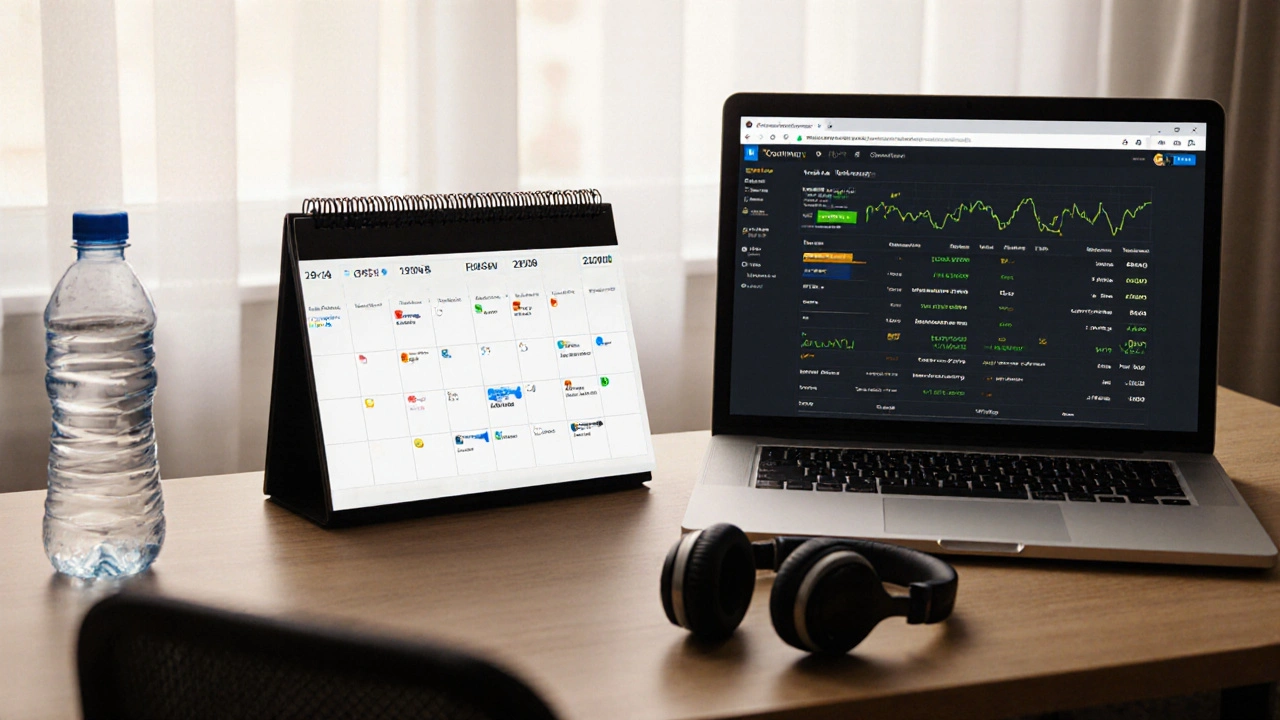 Щотижневий розклад роботи на вебкамері на столі з лаптопом, навушниками і водою — символ стабільності та професіоналізму.