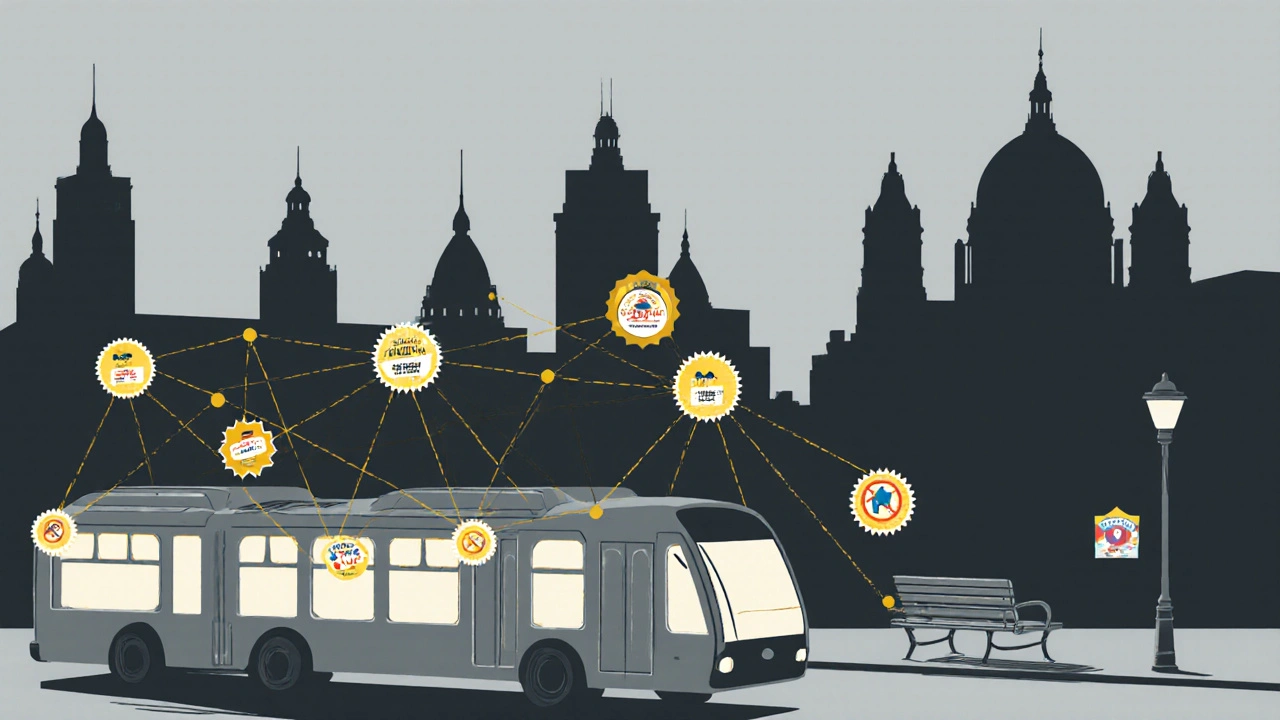 Стилізований вид Києва з розміщеними стикерами на транспорті та вікнах, з видимою мережею маркетингу, заборонені місця — розмиті.